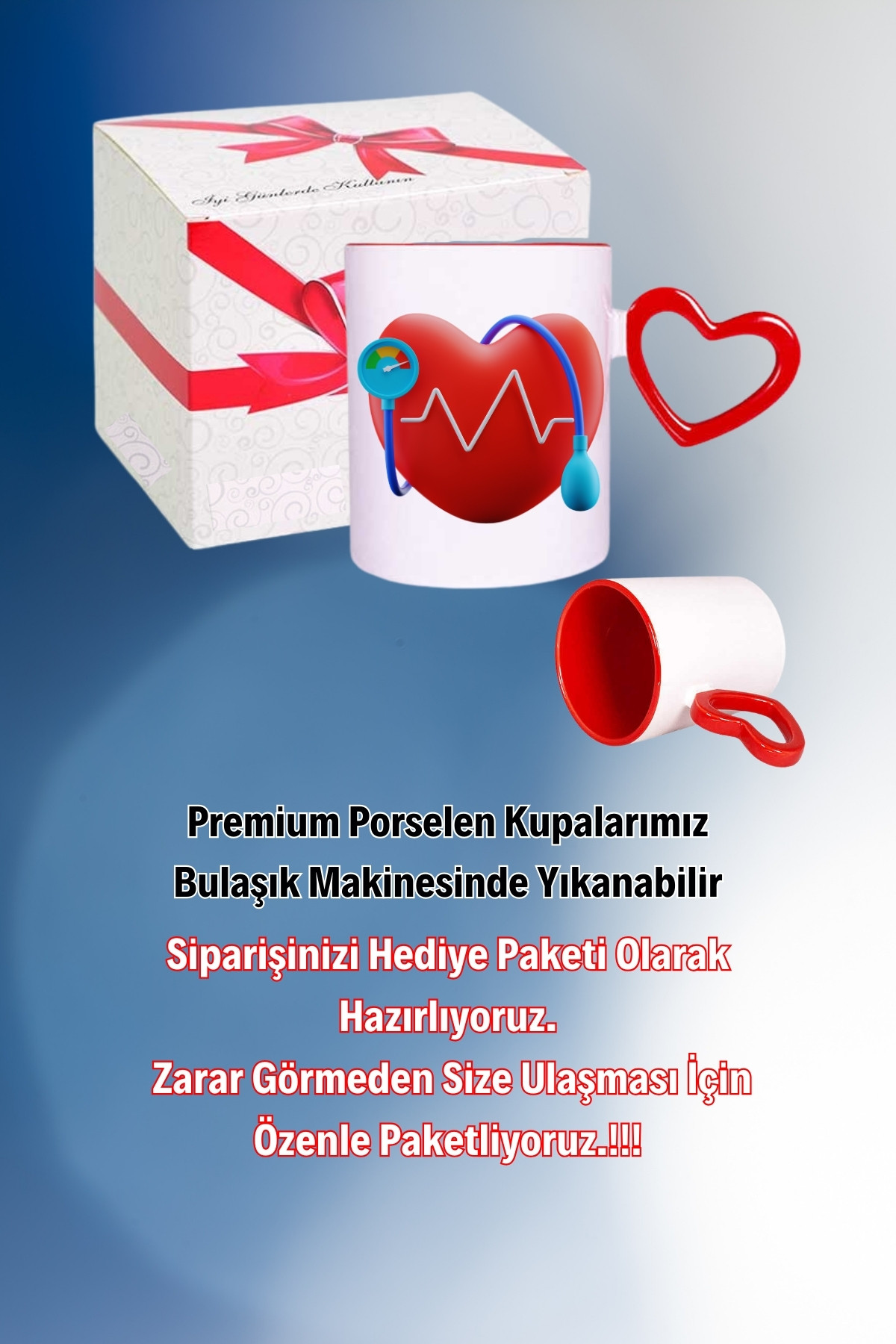 Kalp Ritmi Baskılı Kalpli Kırmızı Kupa Bardak Çay Kahve Fincanı