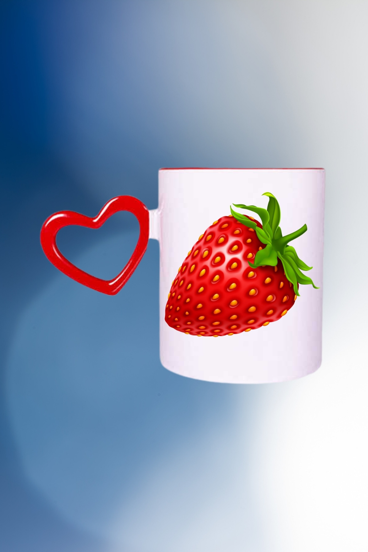 Çilek Baskılı Kalpli Kırmızı Kupa Bardak Çay Kahve Fincanı