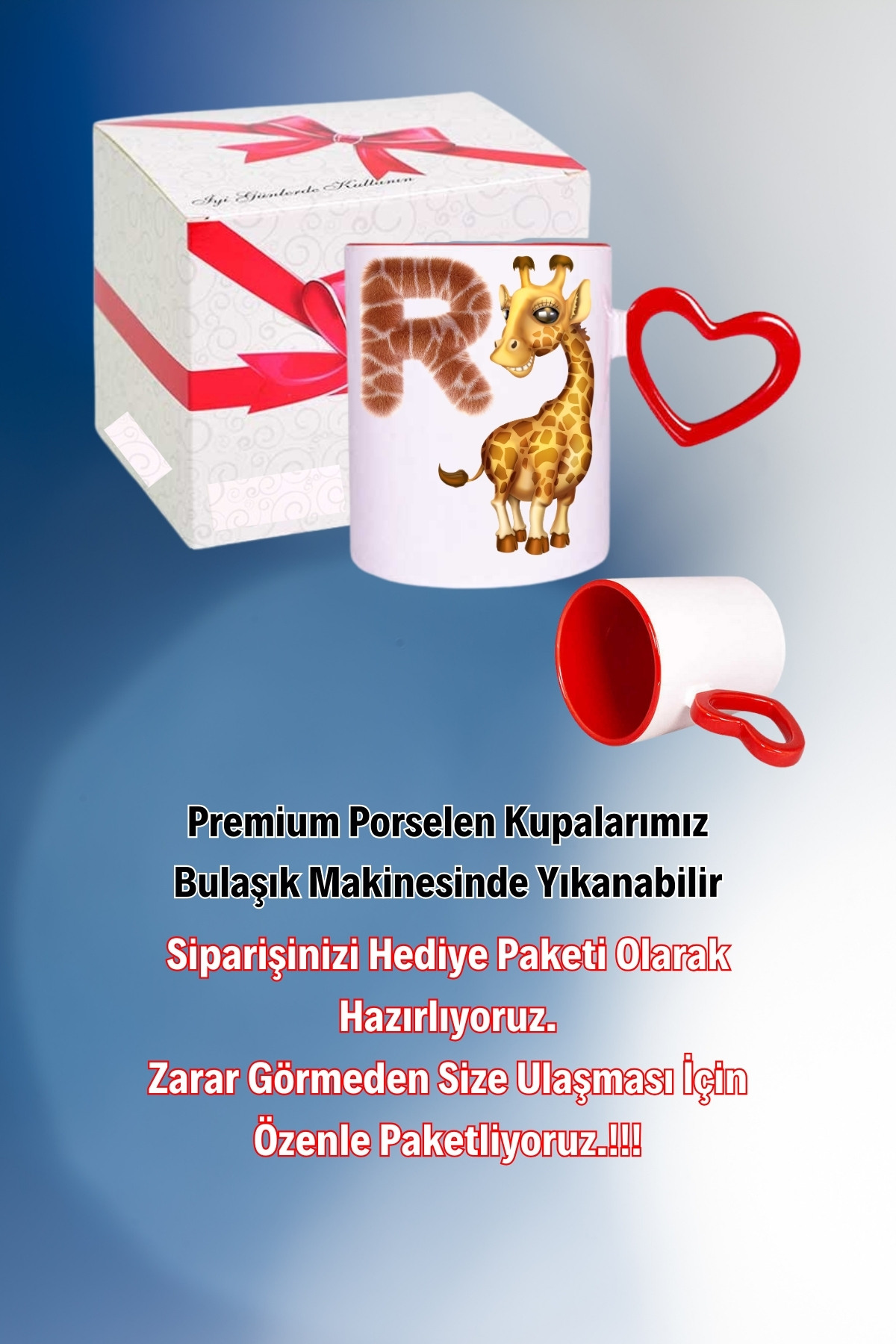 R Harfi Zürafa Baskılı Kalpli Kırmızı Kupa Bardak Çay Kahve Fincanı