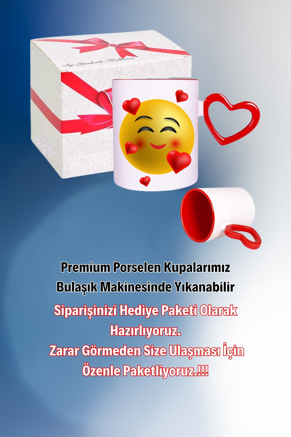 Kalp Emoji Baskılı Kalpli Kırmızı Kupa Bardak Çay Kahve Fincanı