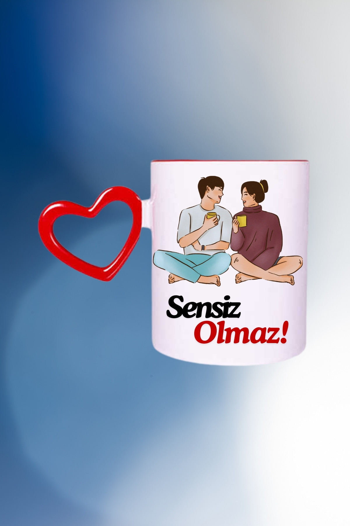 Sensiz Olmaz Baskılı Kalpli Kırmızı Kupa Bardak Çay Kahve Fincanı