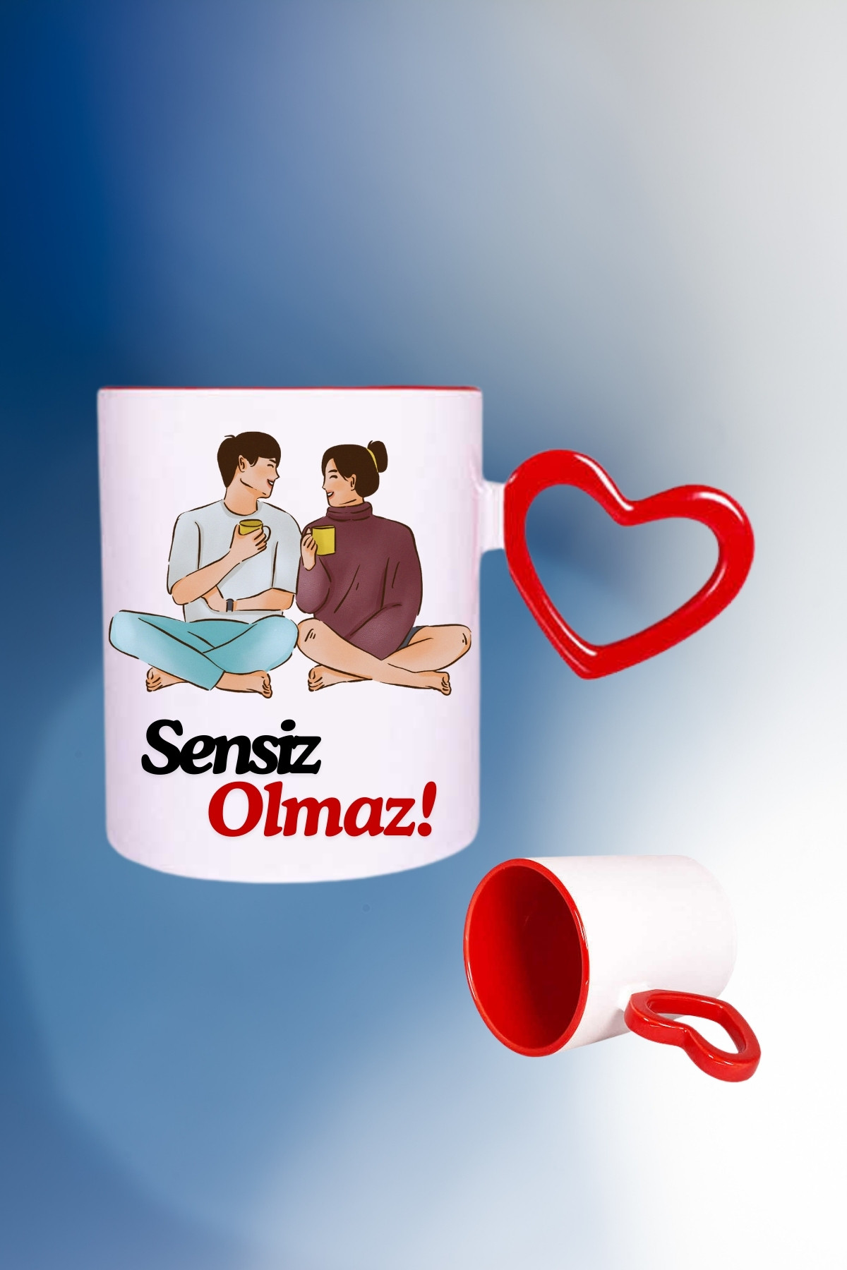 Sensiz Olmaz Baskılı Kalpli Kırmızı Kupa Bardak Çay Kahve Fincanı