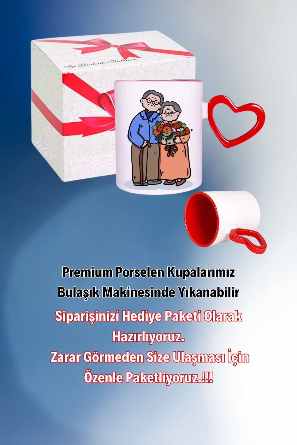 Tonton Çiftler Baskılı Kalpli Kırmızı Kupa Bardak Çay Kahve Fincanı