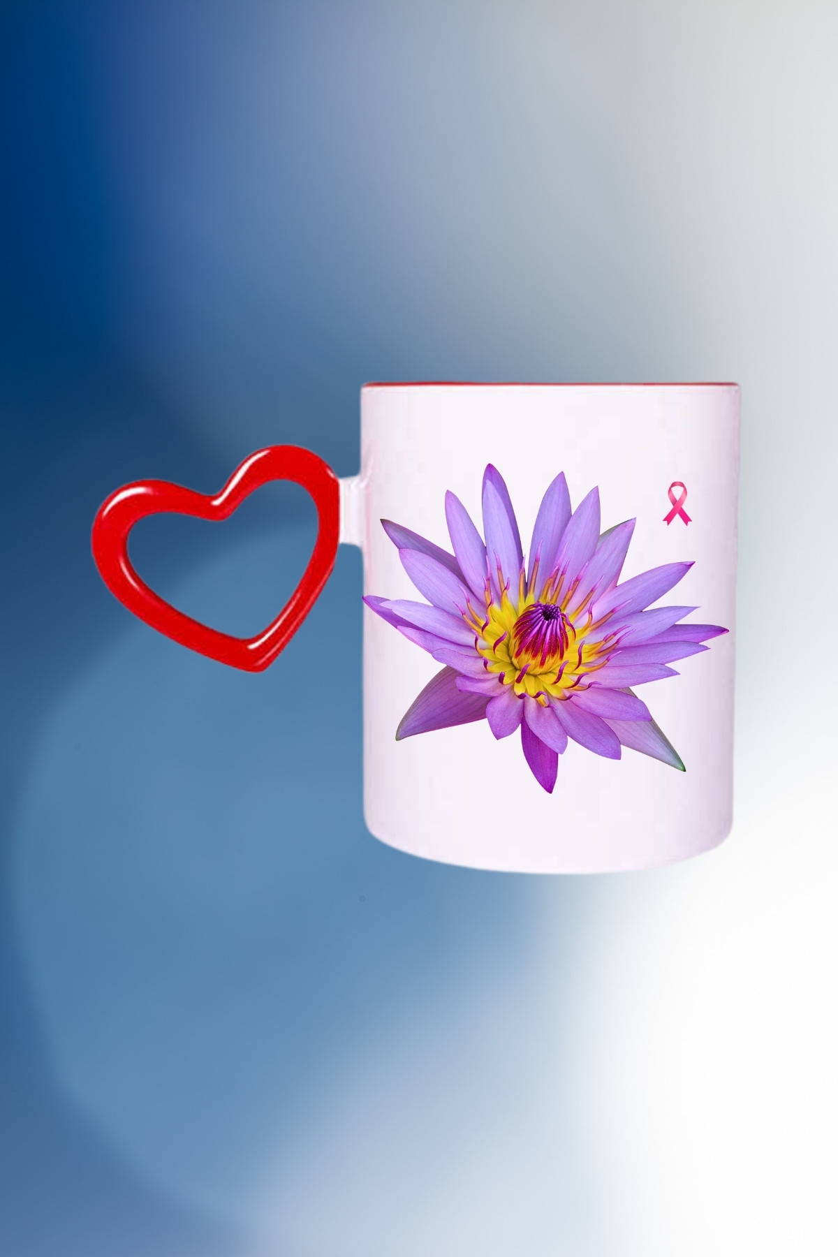 Lotus Çiçeği Baskılı Kalpli Kırmızı Kupa Bardak Çay Kahve Fincanı