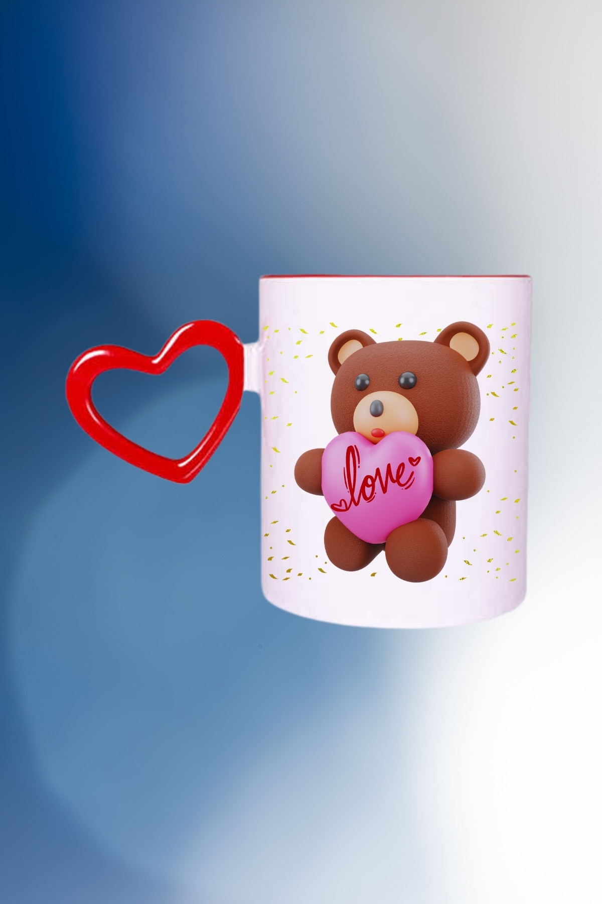 Ayıcık Love Teddy Bear Baskılı Kalpli Kırmızı Kupa Bardak Çay Kahve Fincanı