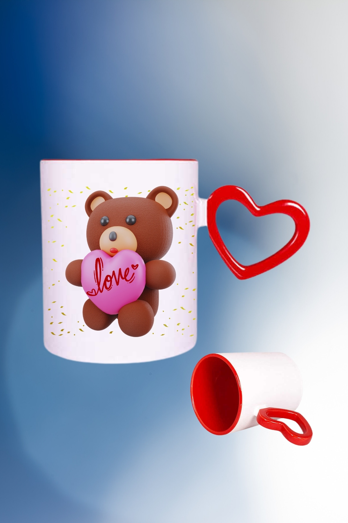 Ayıcık Love Teddy Bear Baskılı Kalpli Kırmızı Kupa Bardak Çay Kahve Fincanı