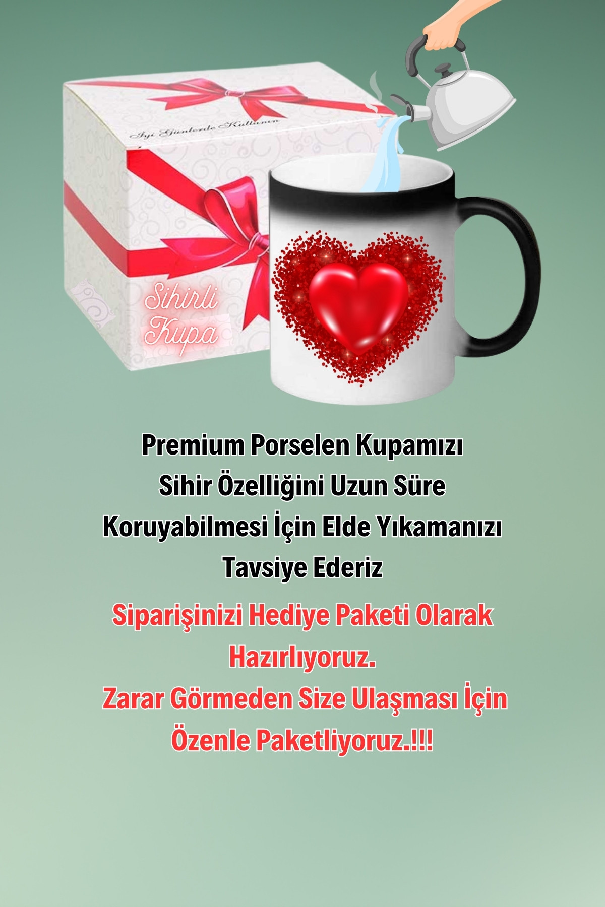 Kırmızı Kalp Baskılı Sihirli Kupa Bardak Çay Kahve Fincanı