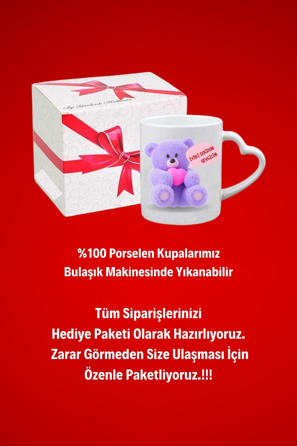 Doğum Günü Ayıcık Baskılı Sevgiliye Hediye Kalp Kupa Bardak Porselen Çay Kahve Fincanı
