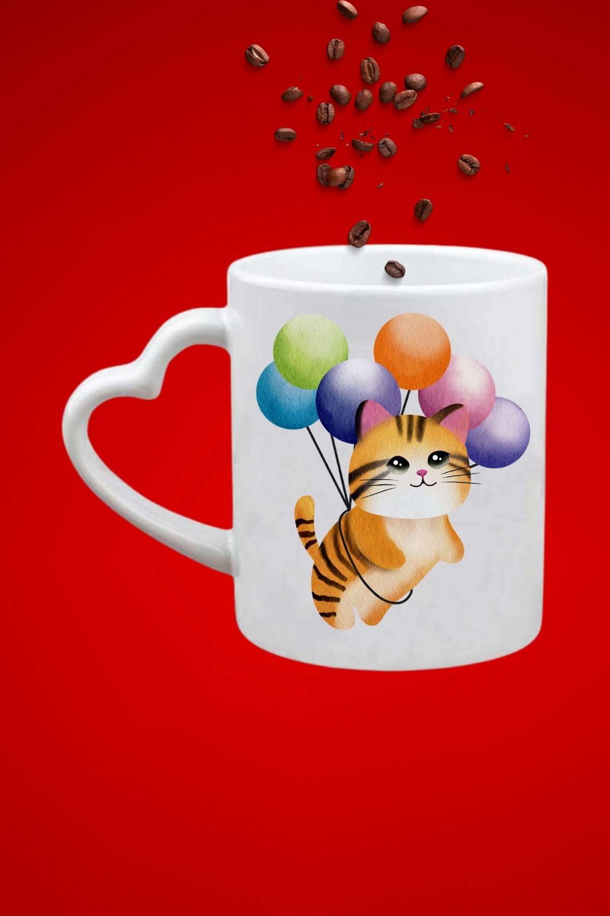 Uçan Balonlu Sevimli Kedi Baskılı Hediye Kalp Kupa Bardak Porselen Çay Kahve Fincanı