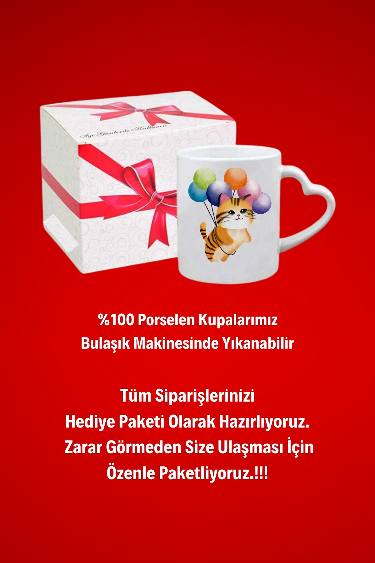 Uçan Balonlu Sevimli Kedi Baskılı Hediye Kalp Kupa Bardak Porselen Çay Kahve Fincanı