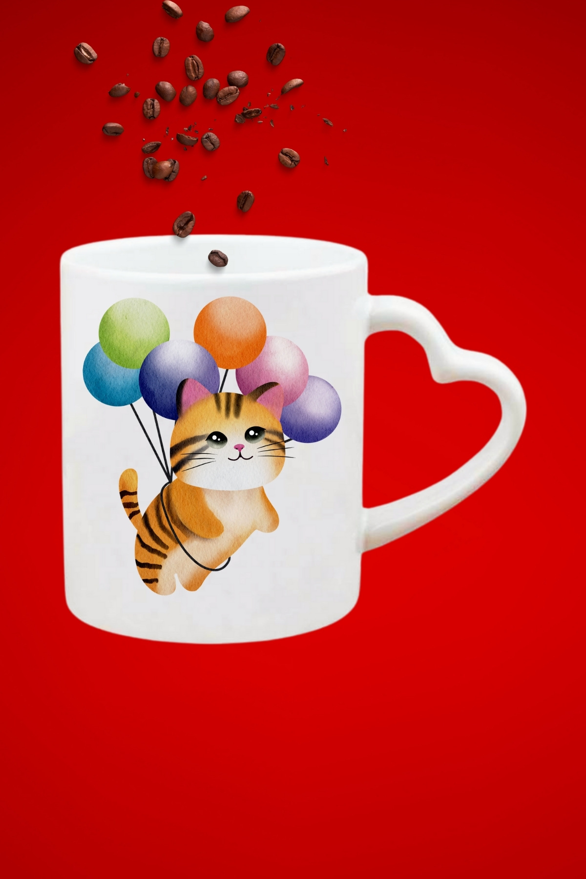 Uçan Balonlu Sevimli Kedi Baskılı Hediye Kalp Kupa Bardak Porselen Çay Kahve Fincanı