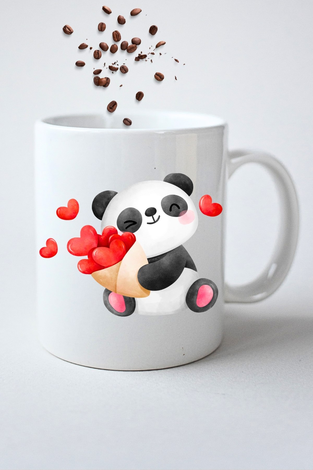 Kalpli Sevimli Panda Baskılı Hediye Kupa Bardak Porselen Çay Kahve Fincanı