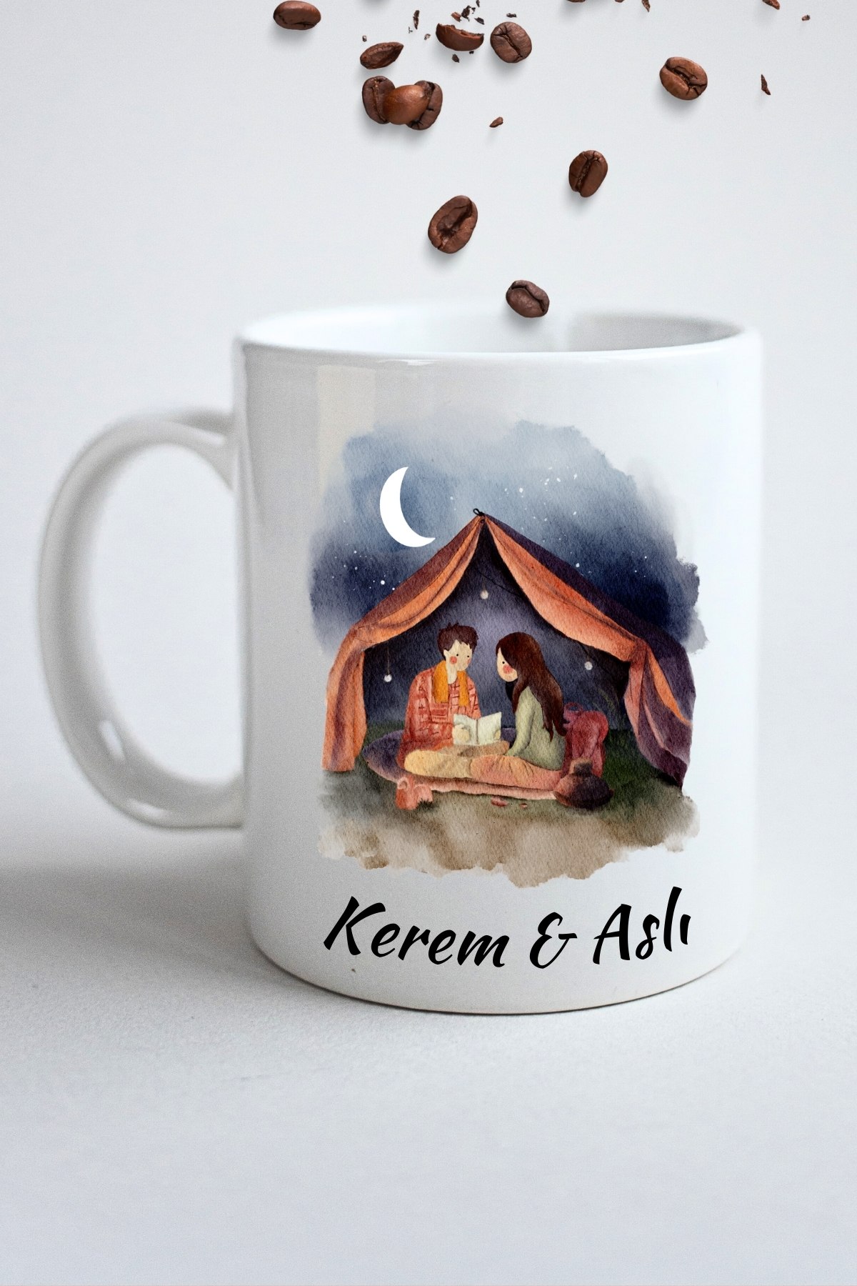 İsimli Kişiye Özel Kamp Gecesi Aşk Baskılı Hediye Kupa Bardak Porselen Çay Kahve Fincanı