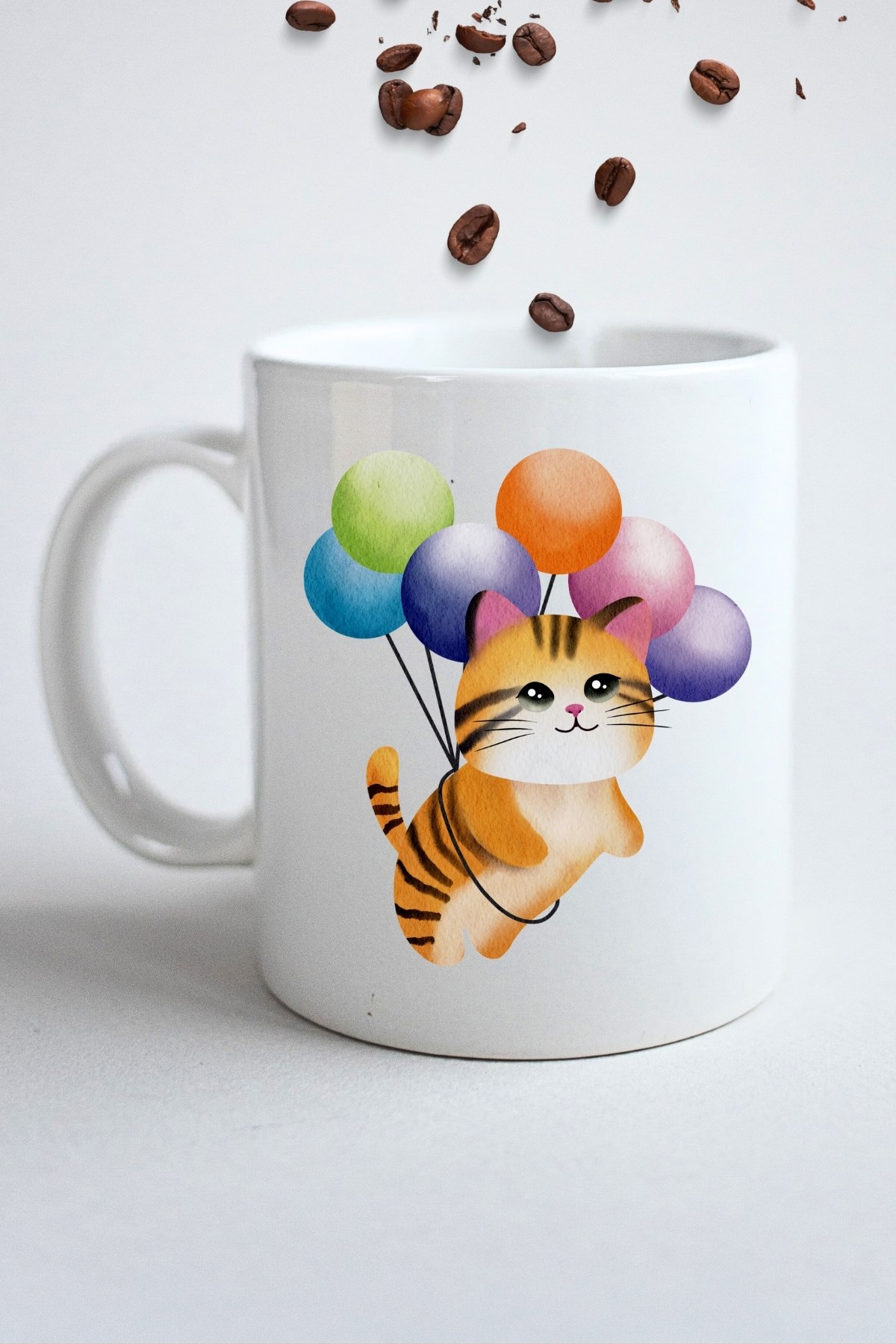 Uçan Balonlu Sevimli Kedi Baskılı Hediye Kupa Bardak Porselen Çay Kahve Fincanı
