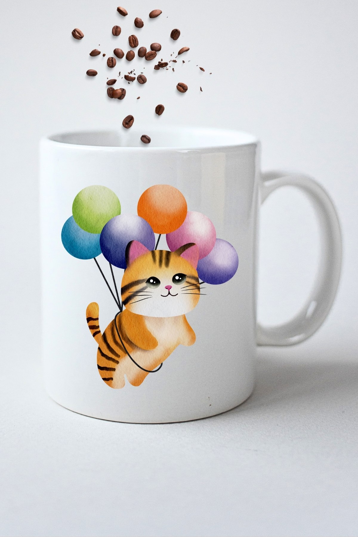 Uçan Balonlu Sevimli Kedi Baskılı Hediye Kupa Bardak Porselen Çay Kahve Fincanı