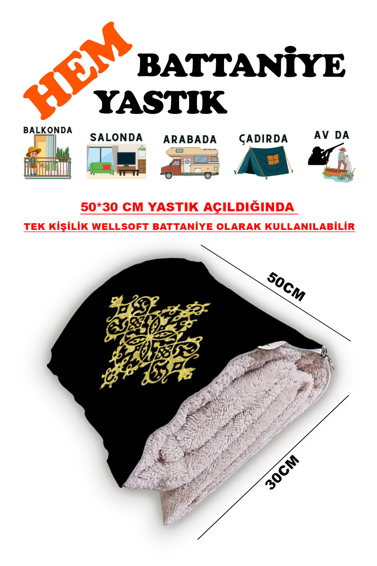 Motif Baskılı Dekoratif Yastık Kırlent Opsiyonel Battaniye 2in1