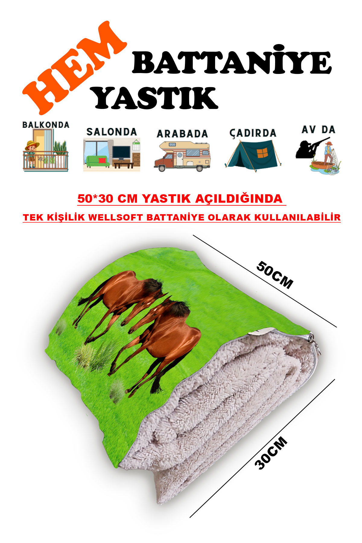 At Desen Baskılı Tv Battaniyeli Opsiyonel Dekoratif Yastık Battaniye 2in1