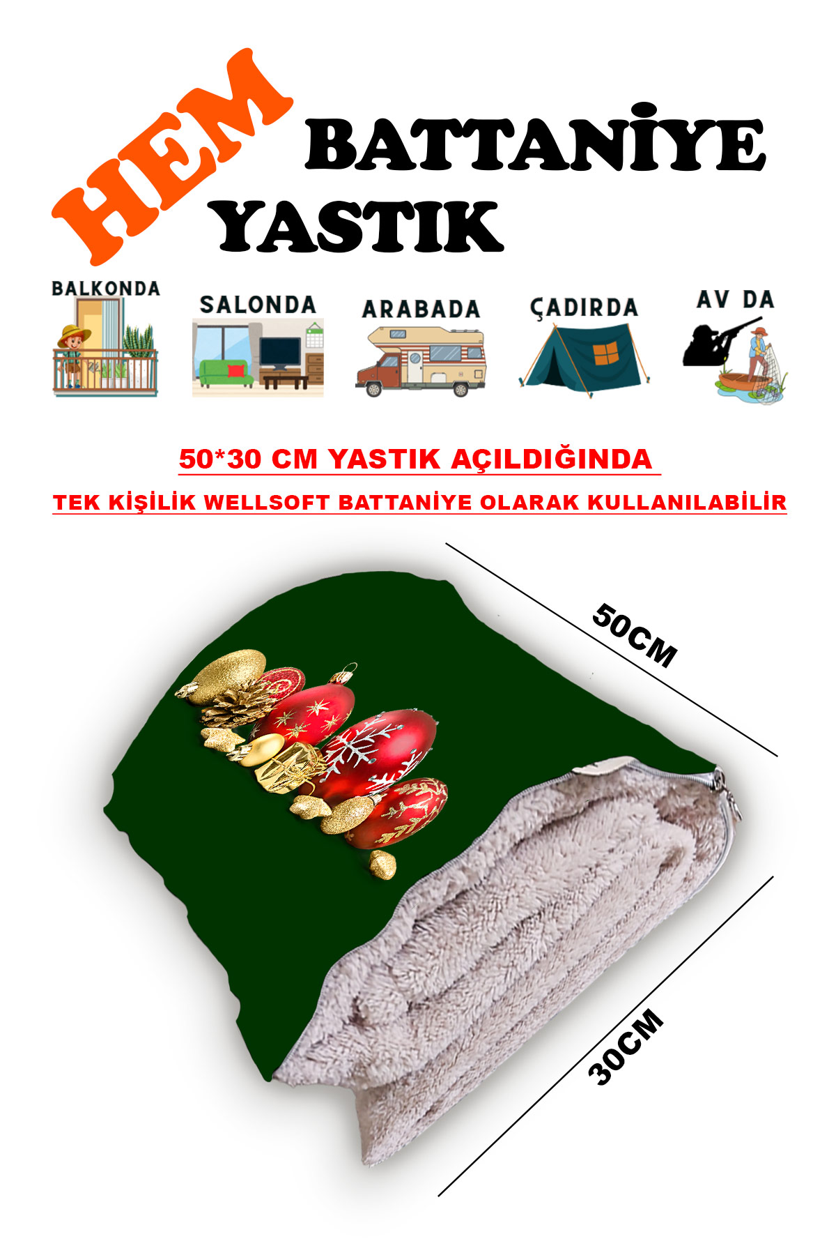 Yılbaşı Noel Desen Baskılı Tv Battaniyeli Opsiyonel Dekoratif Yastık Battaniye 2in1-0