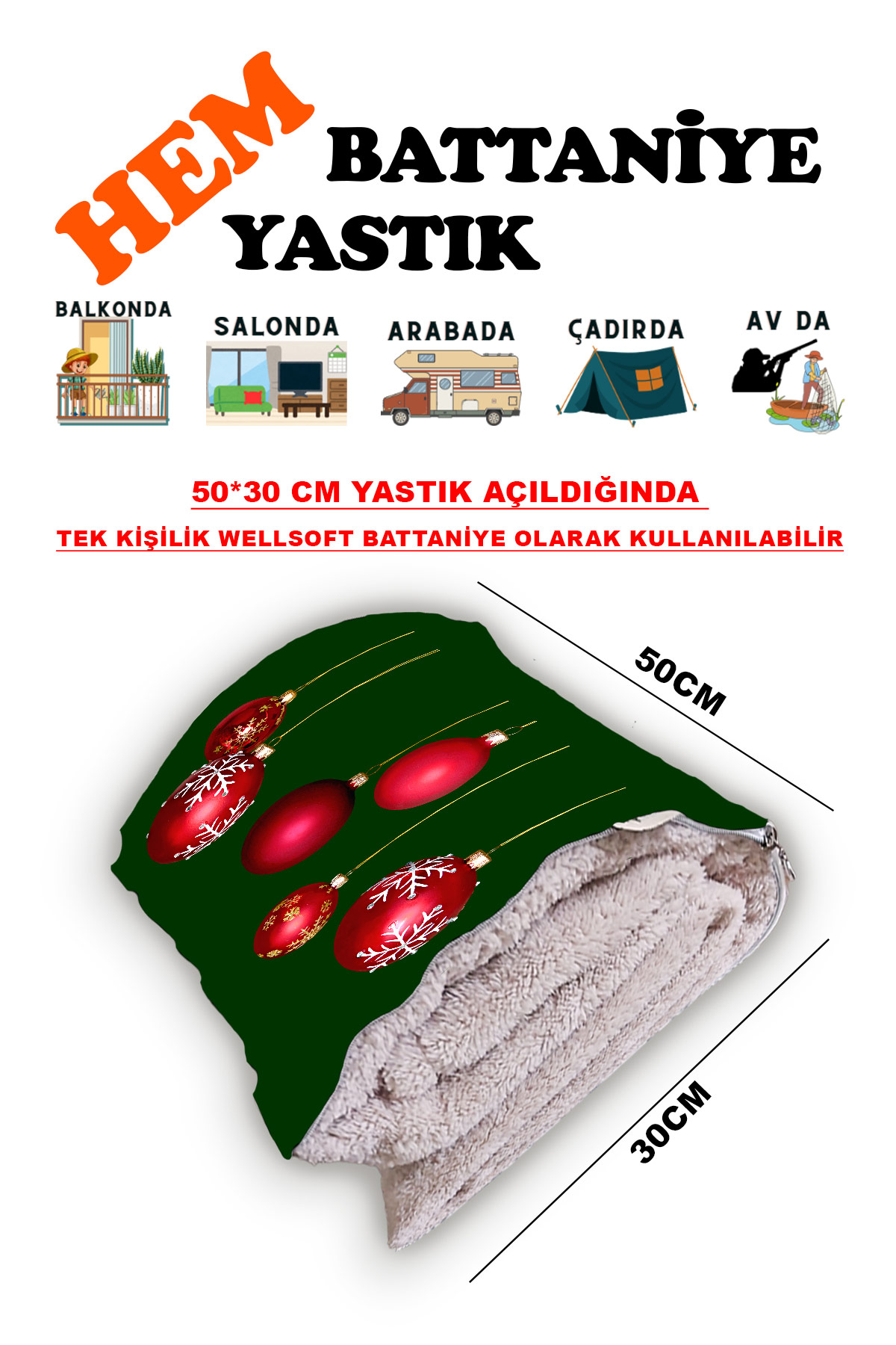 Yılbaşı Noel Desen Baskılı Tv Battaniyeli Opsiyonel Dekoratif Yastık Battaniye 2in1-01