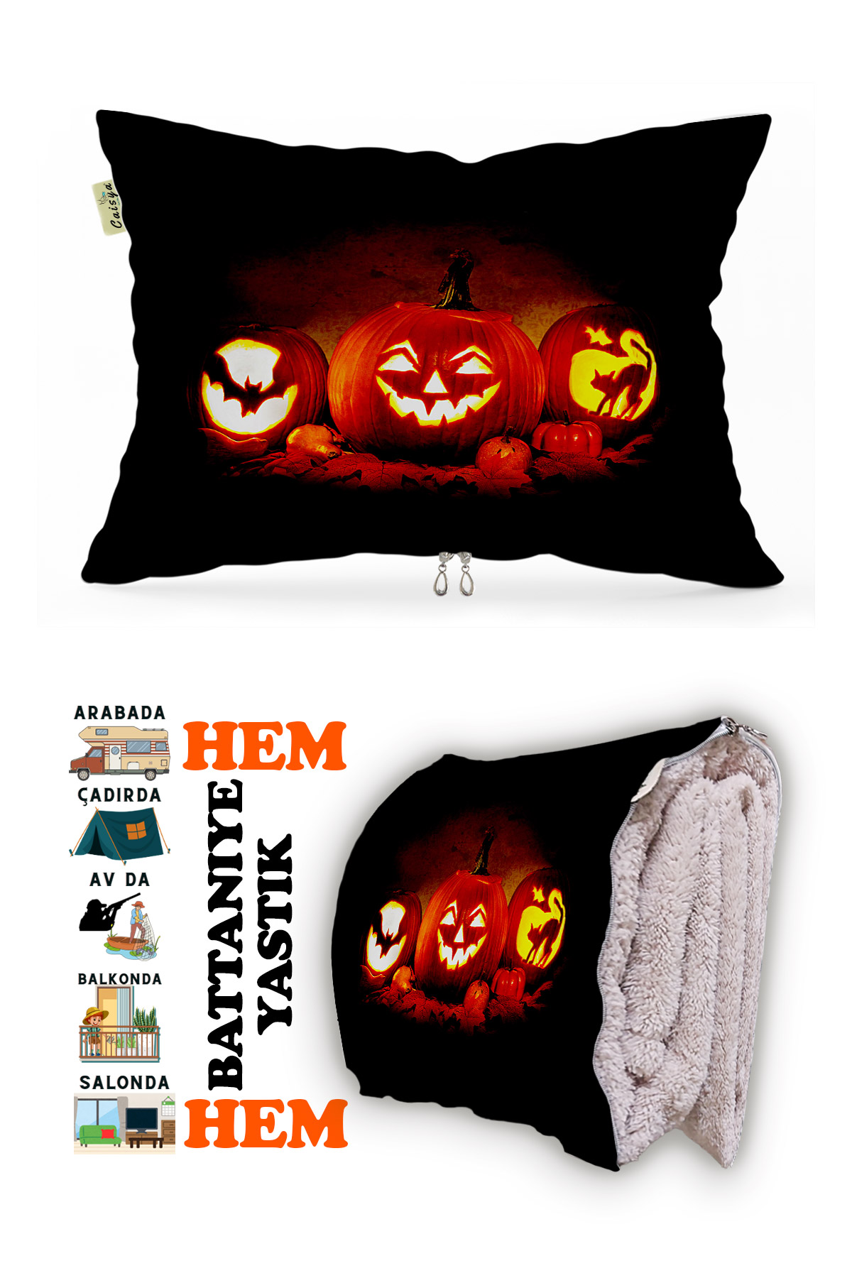 Bal Kabağı Helloween Desen Baskılı Tv Battaniyeli Opsiyonel Dekoratif Yastık Battaniye 2in1