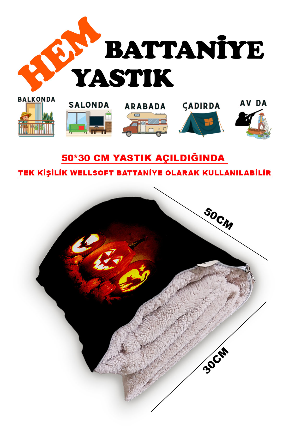 Bal Kabağı Helloween Desen Baskılı Tv Battaniyeli Opsiyonel Dekoratif Yastık Battaniye 2in1