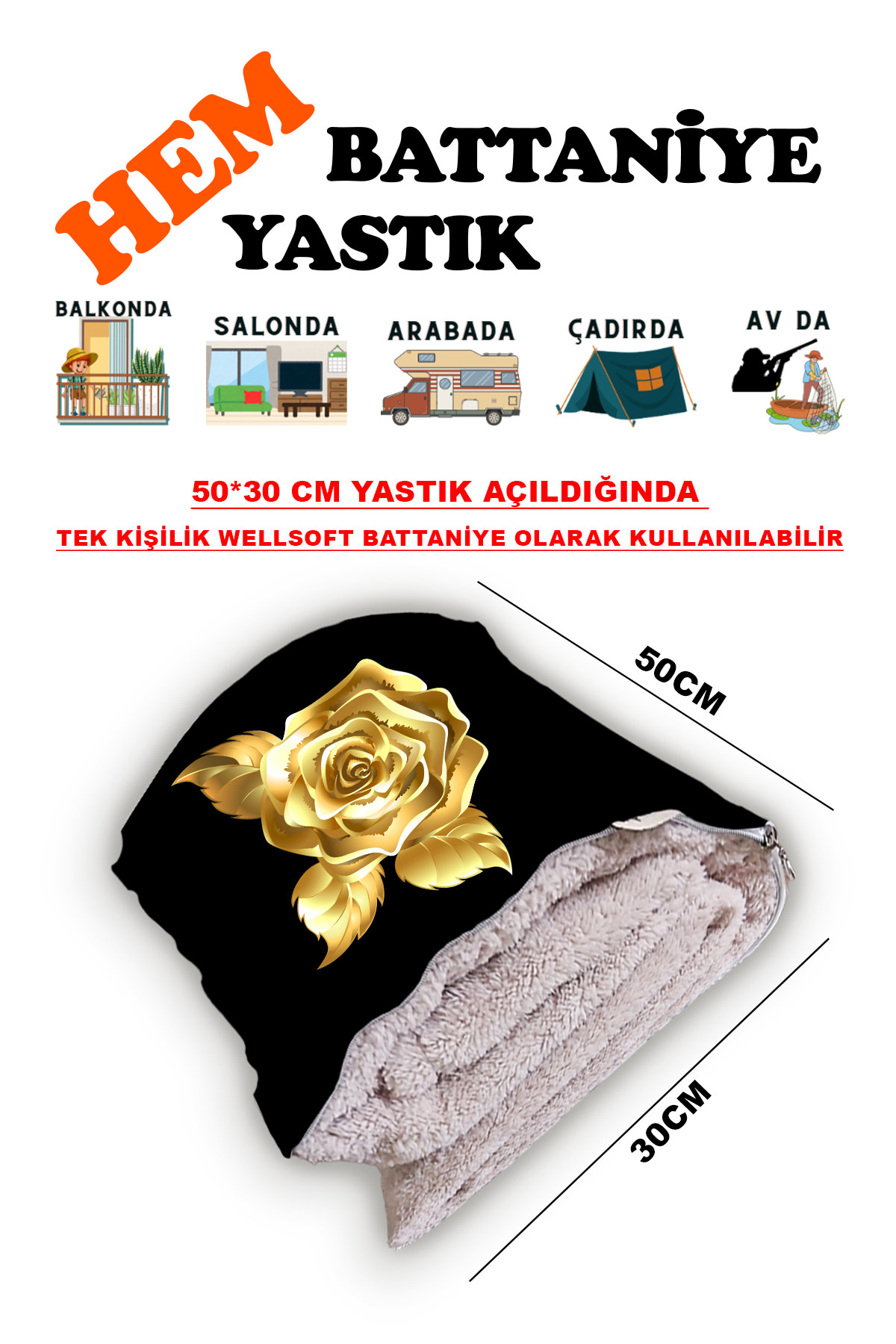 Altın Gül Desen Baskılı Tv Battaniyeli Opsiyonel Dekoratif Yastık Battaniye 2in1 Gifts