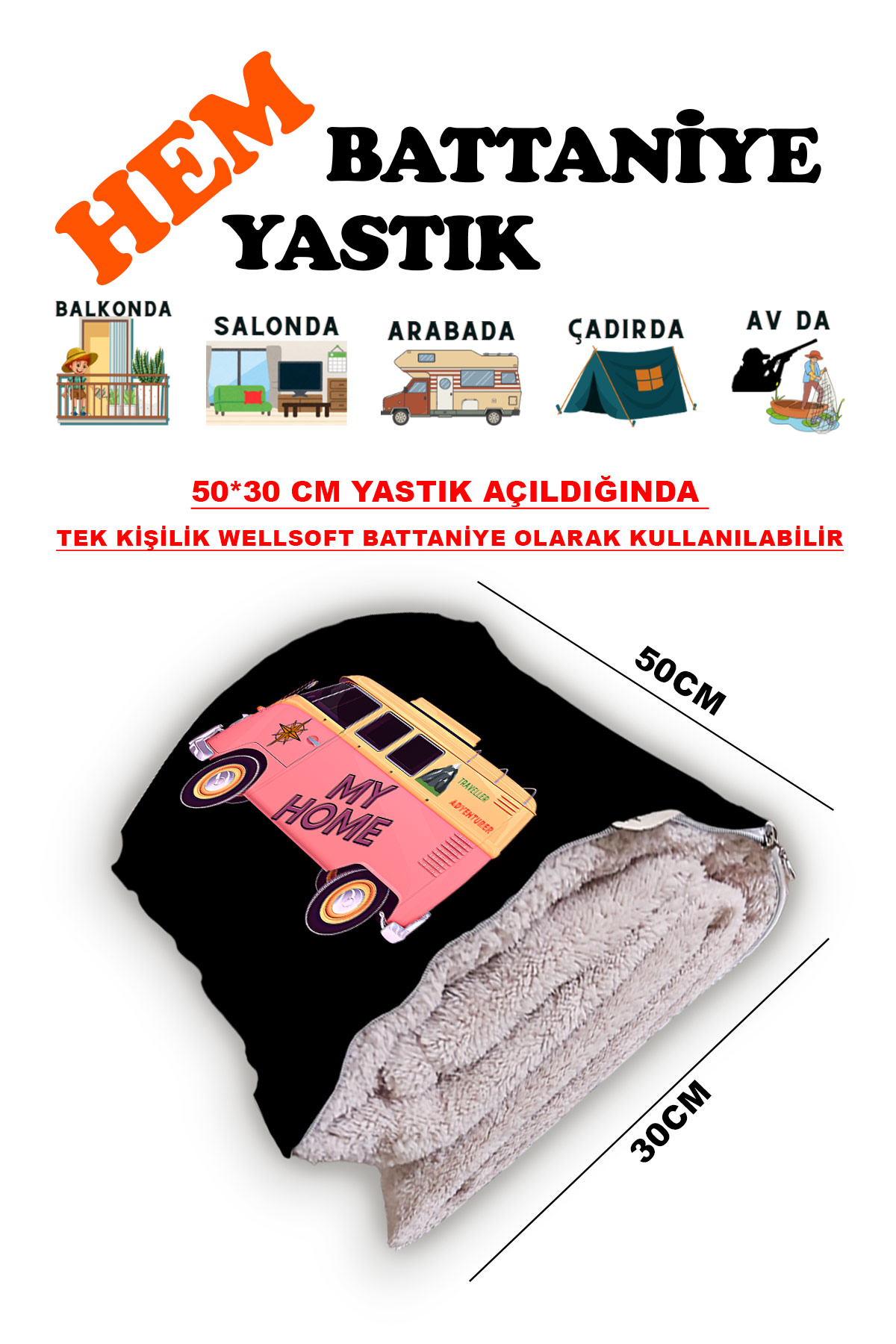 Karavan Camping Baskılı Tv Battaniyeli Opsiyonel Dekoratif Yastık Battaniye 2in1-0
