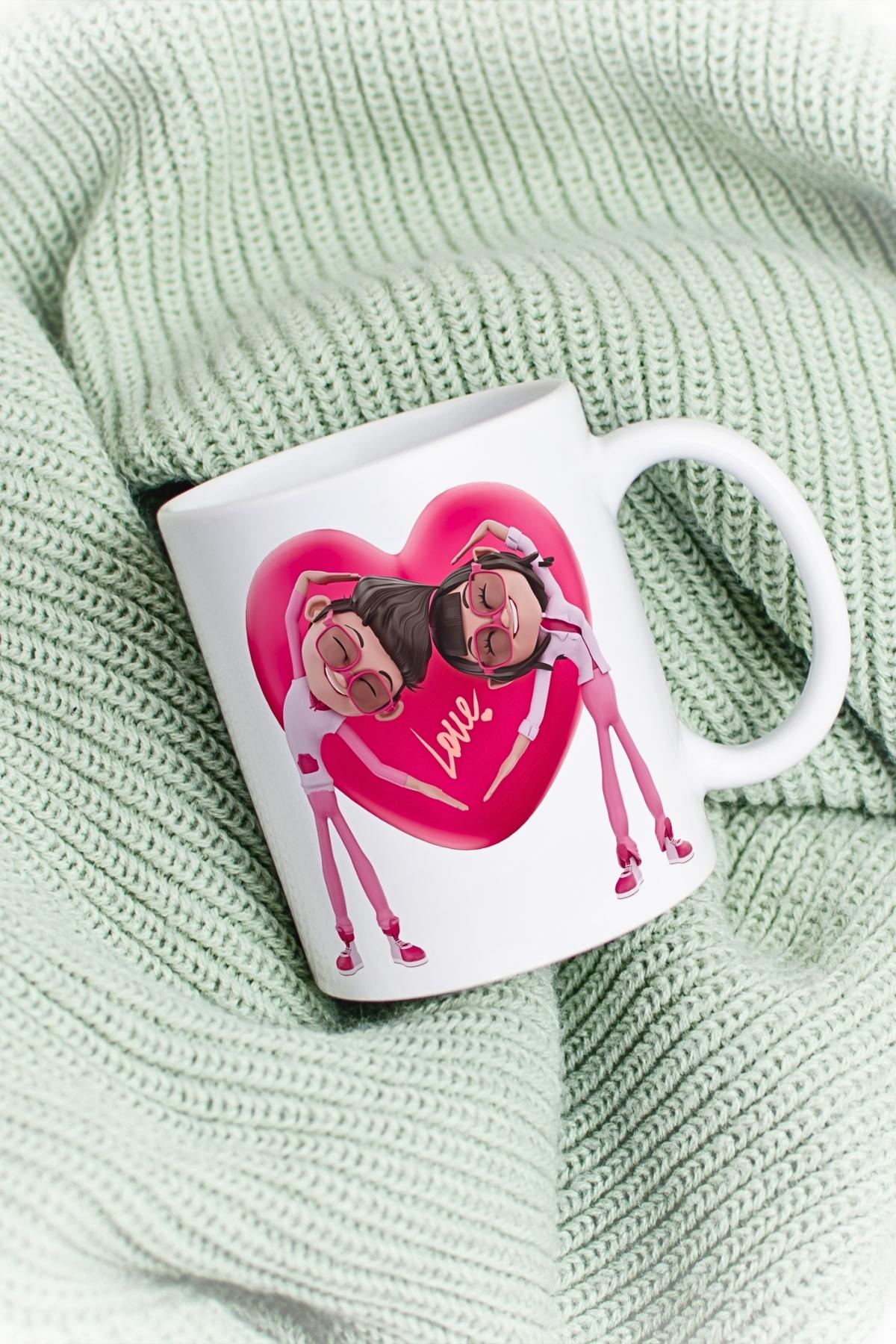 Mutlu Çiftler Love Kalp Baskılı Hediye Kupa Bardak Porselen Çay Kahve Fincanı