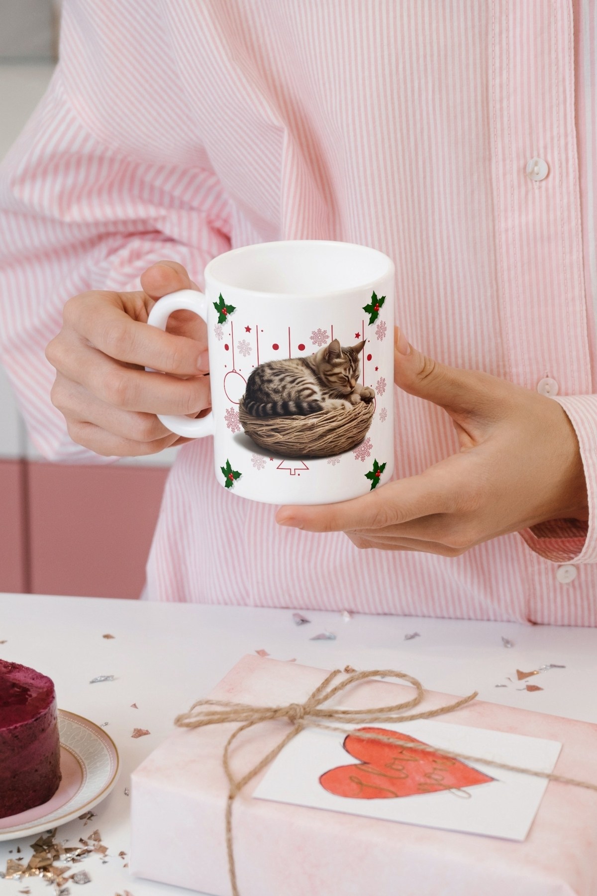 Yeni Yıl Uykucu Kedi Baskılı Kupa Bardak Porselen Çay Kahve Fincanı