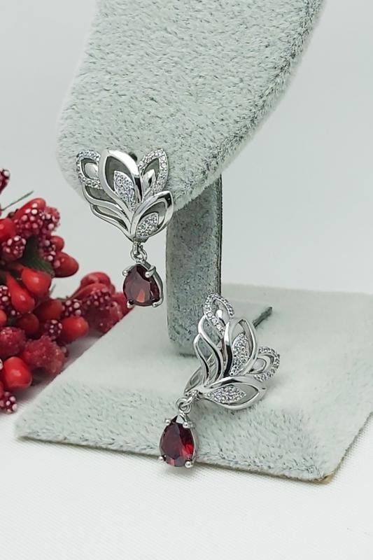 Vip Seri Kararmaz Xuping Gümüş Rodyum Kaplama Kırmızı Taşlı Sallantılı Çiçek Abiye Küpe 2,5 cm