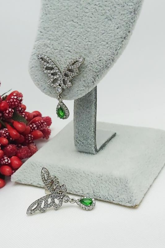 Vip Seri Kararmaz Xuping Gümüş Rodyum Kaplama Yeşim Taşlı Melek Kanadı Abiye Küpe 2,5 cm
