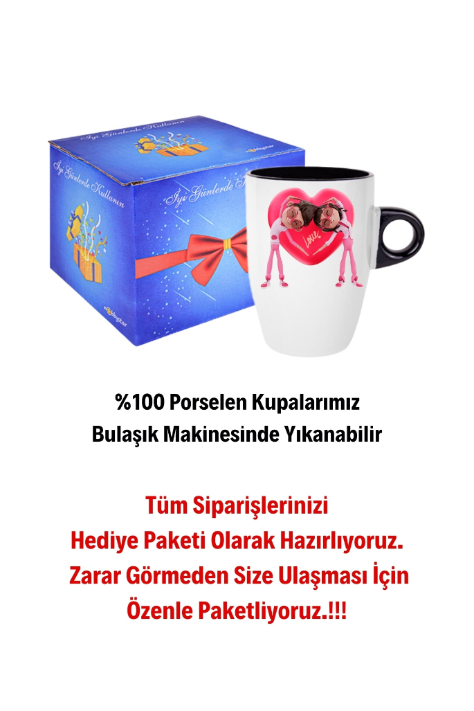 Mutlu Çiftler Love Kalp Baskılı Hediye Kupa Bardak Porselen Latte Filtre Kahve Fincanı