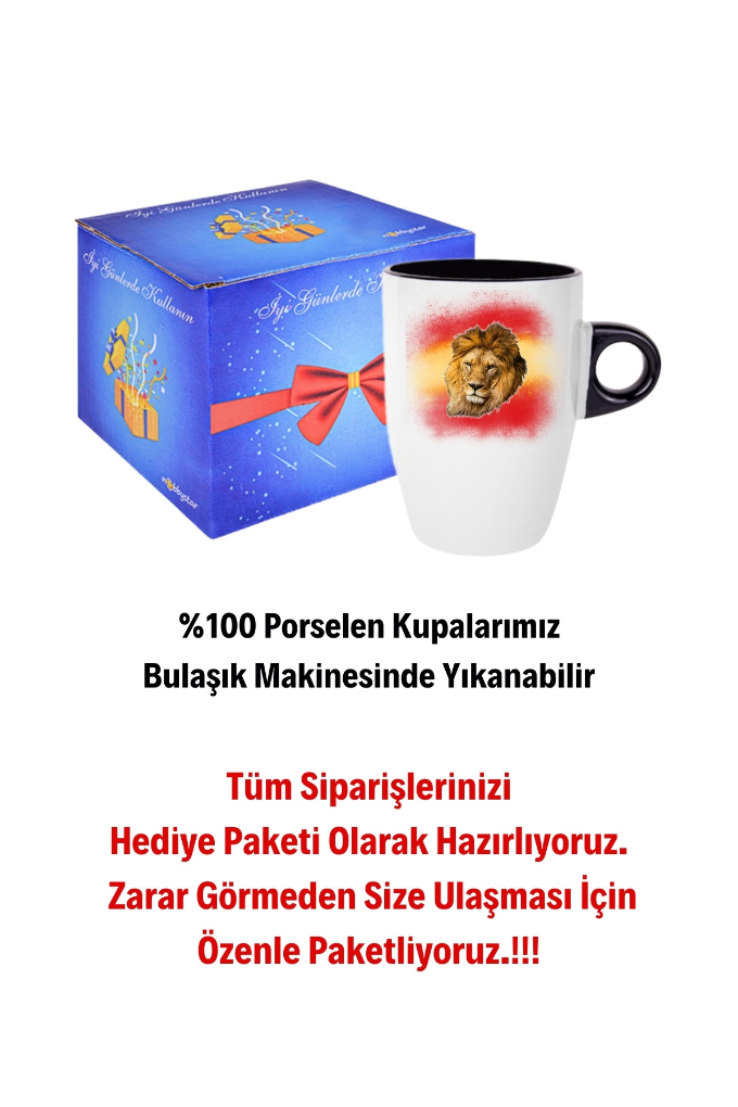 Taraftar Sarı Kırmızı Arslan Baskılı Kupa Bardak Porselen Latte Filtre Kahve Fincanı