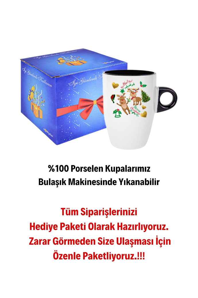 Yılbaşı Geyikli Kurabiye Baskılı Kupa Bardak Porselen Latte Filtre Kahve Fincanı