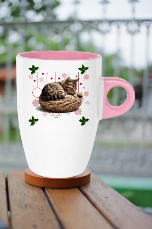 Yeni Yıl Uykucu Kedi Baskılı Kupa Bardak Porselen Latte Filtre Kahve Fincanı