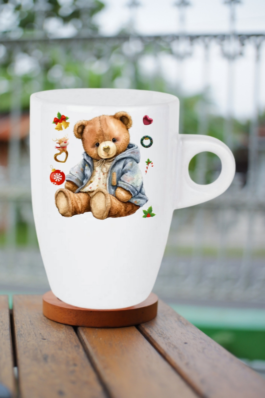 Yeni Yıl Oyuncak Ayı Teddy Bear Baskılı Kupa Bardak Porselen Latte Filtre Kahve Fincanı