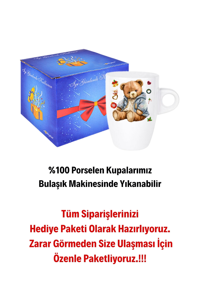 Yeni Yıl Oyuncak Ayı Teddy Bear Baskılı Kupa Bardak Porselen Latte Filtre Kahve Fincanı
