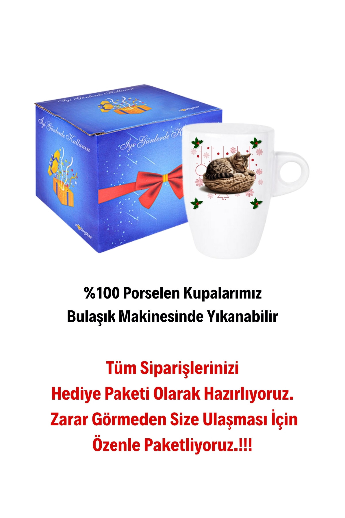 Yeni Yıl Uykucu Kedi Baskılı Kupa Bardak Porselen Latte Filtre Kahve Fincanı
