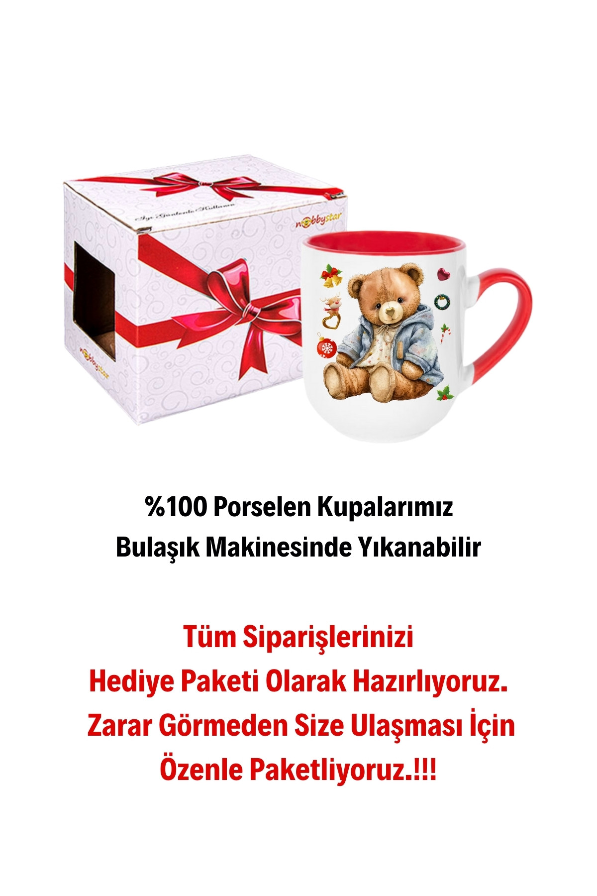 Yeni Yıl Oyuncak Ayı Teddy Bear Baskılı İçi Kırmızı Lüx Kupa Bardak Porselen Çay Kahve Fincanı