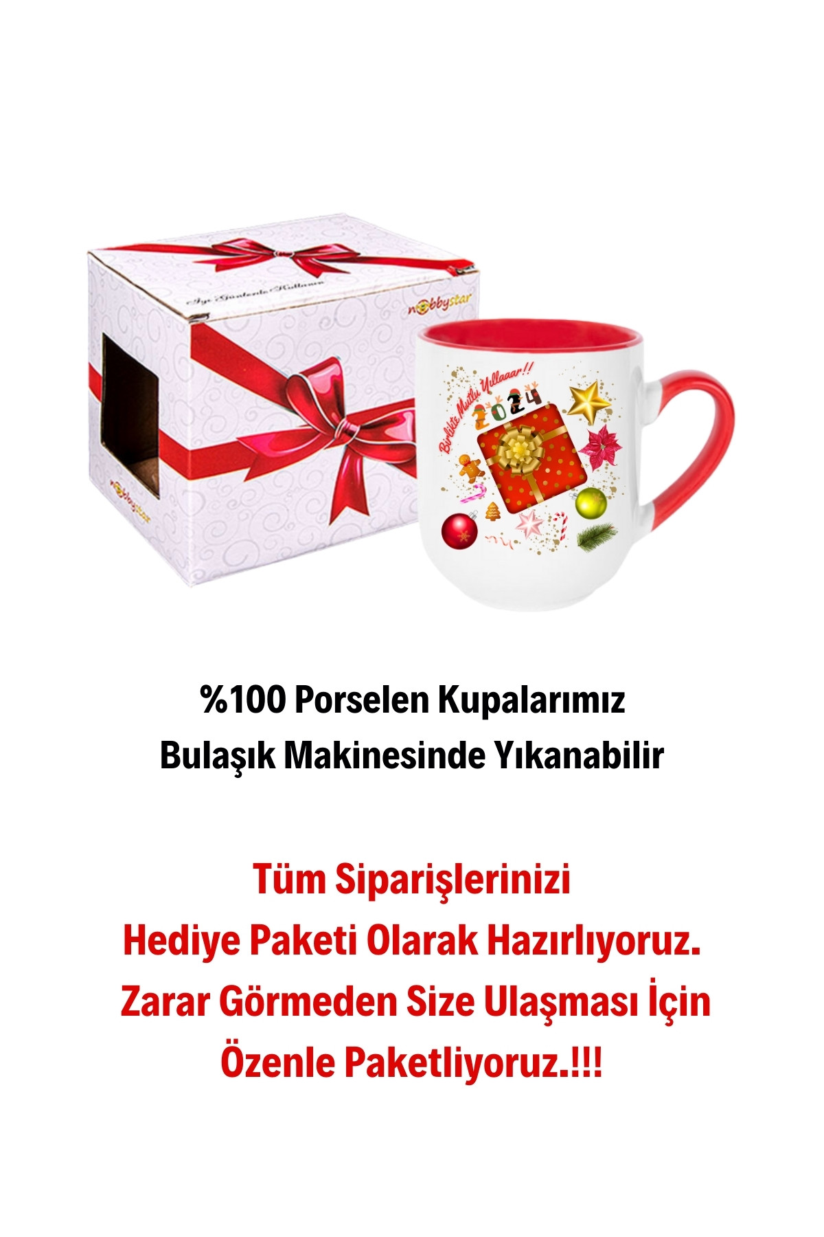 Yılbaşı 2024 Baskılı İçi Kırmızı Lüx Kupa Bardak Porselen Çay Kahve Fincanı