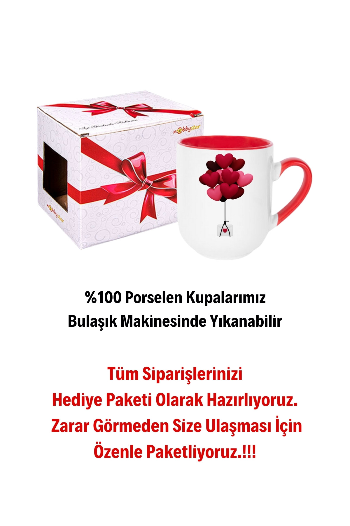Uçan Kalpler Baskılı İçi Kırmızı Lüx Kupa Bardak Porselen Çay Kahve Fincanı Hediye