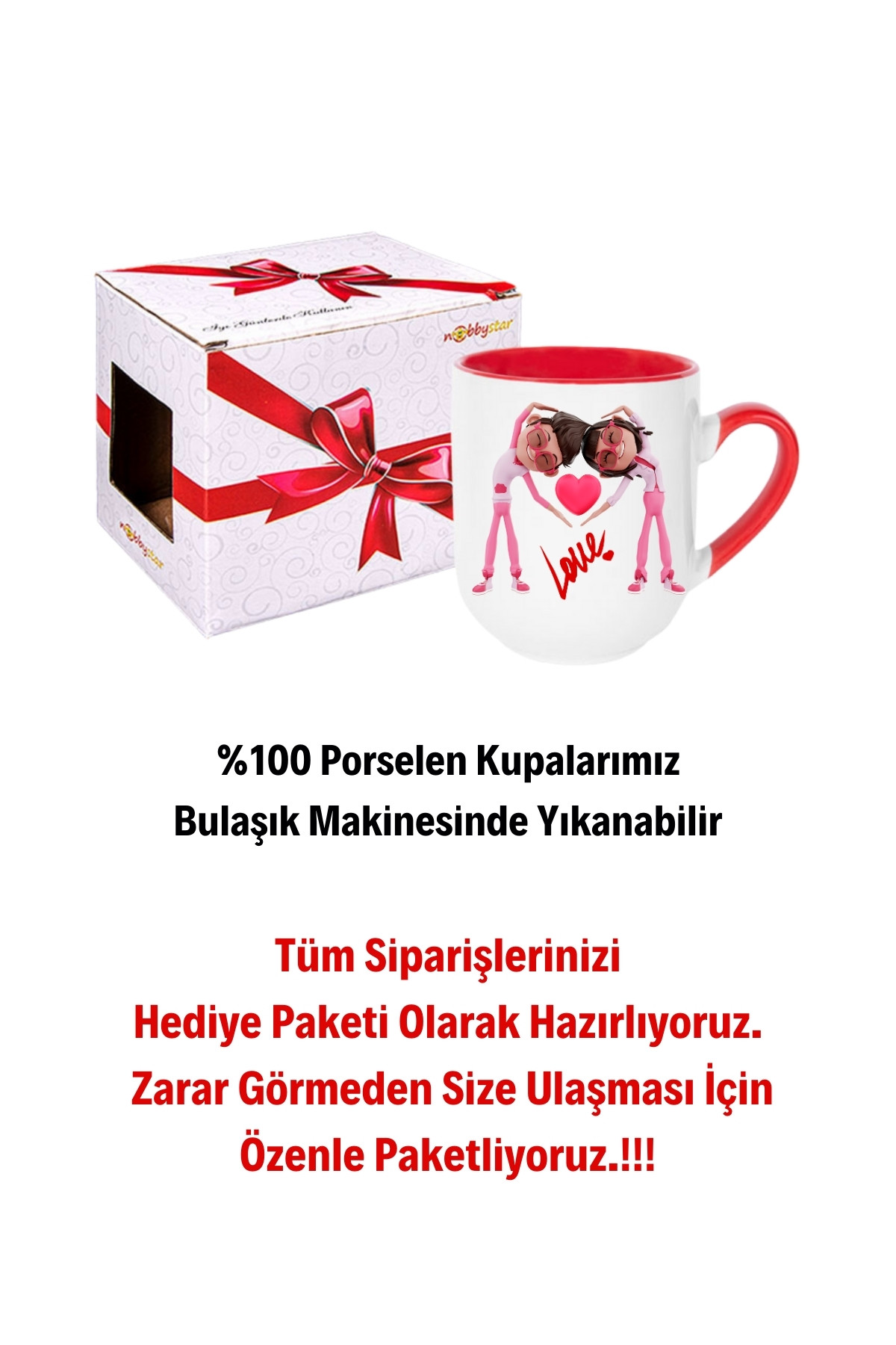 Mutlu Çiftler Love Baskılı Hediye İçi Kırmızı Lüx Kupa Bardak Porselen Çay Kahve Fincanı