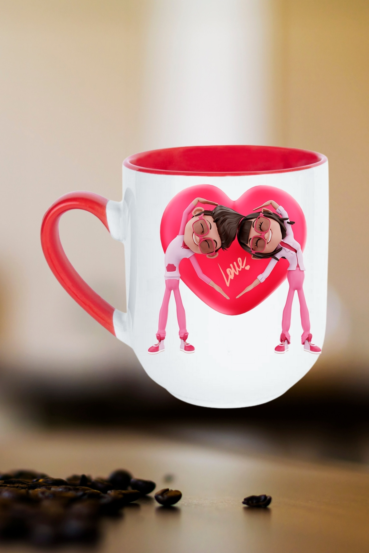 Mutlu Çiftler Love Kalp Baskılı Hediye İçi Kırmızı Lüx Kupa Bardak Porselen Çay Kahve Fincanı