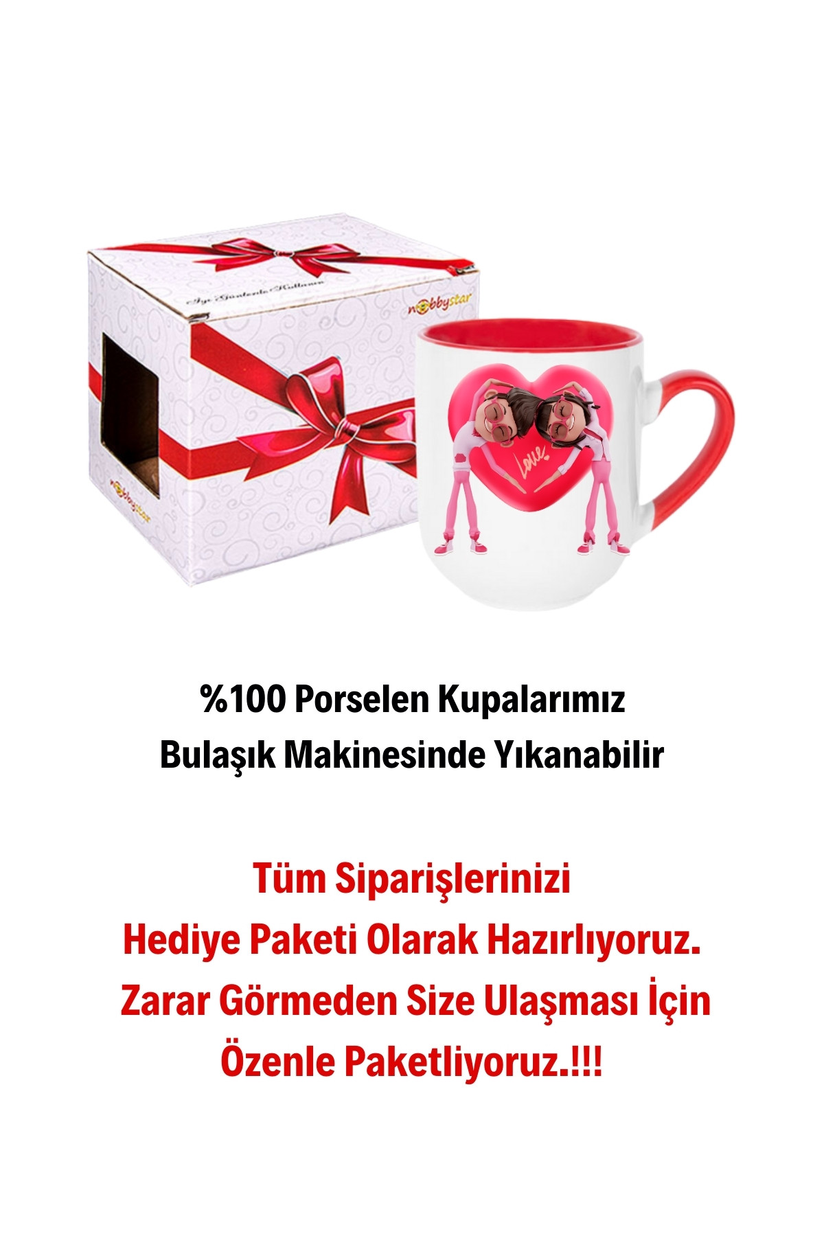 Mutlu Çiftler Love Kalp Baskılı Hediye İçi Kırmızı Lüx Kupa Bardak Porselen Çay Kahve Fincanı
