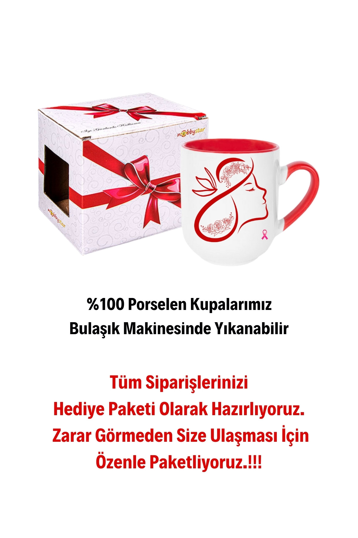 8 Mart Kadınlar Günü Hediyesi İçi Kırmızı Lüx Kupa Bardak Porselen Çay Kahve Fincanı-1