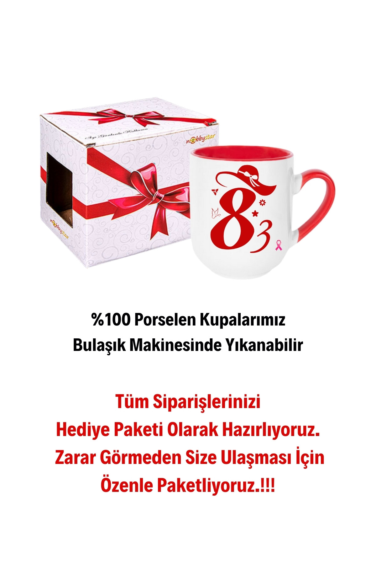 8 Mart Kadınlar Günü Hediyesi İçi Kırmızı Lüx Kupa Bardak Porselen Çay Kahve Fincanı-2