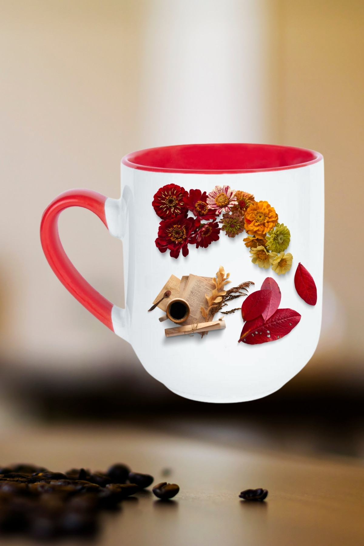 Romantik Sonbahar Baskılı İçi Kırmızı Lüx Kupa Bardak Porselen Çay Kahve Fincanı