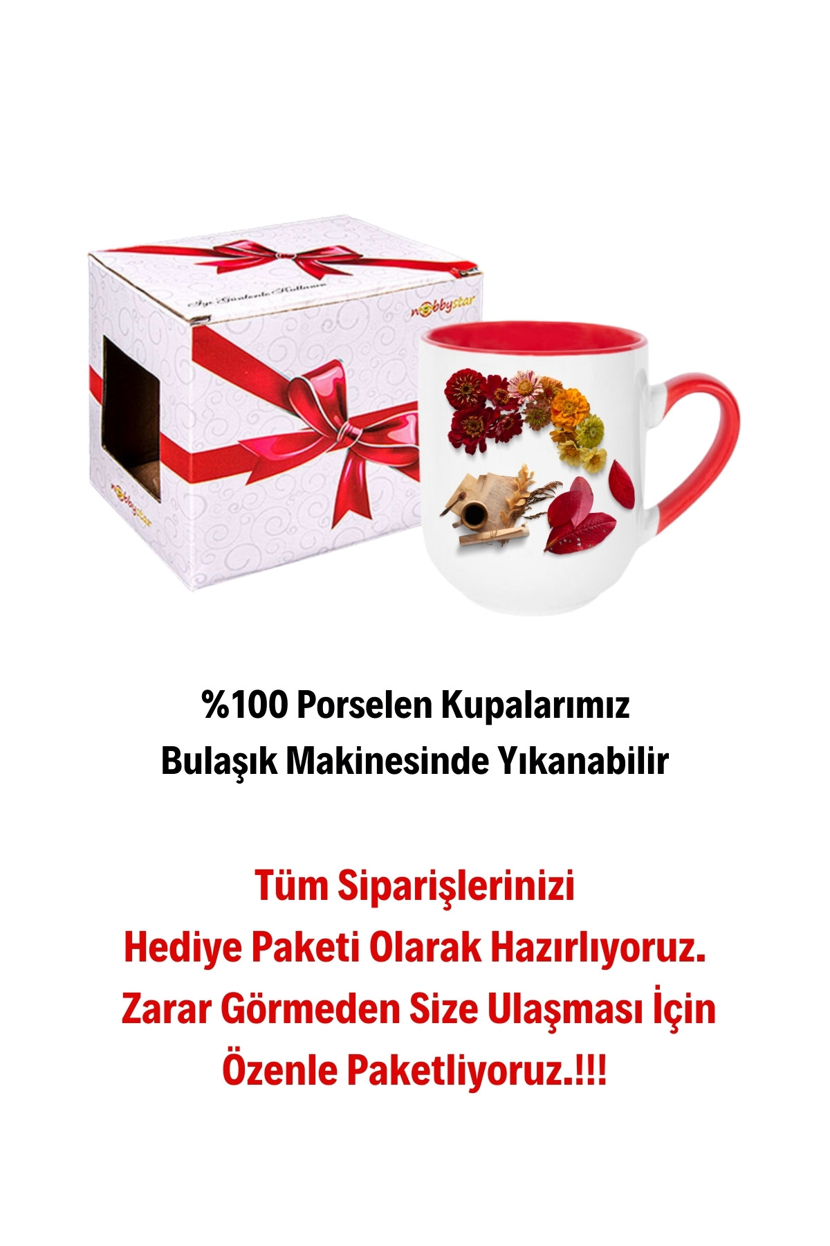 Romantik Sonbahar Baskılı İçi Kırmızı Lüx Kupa Bardak Porselen Çay Kahve Fincanı