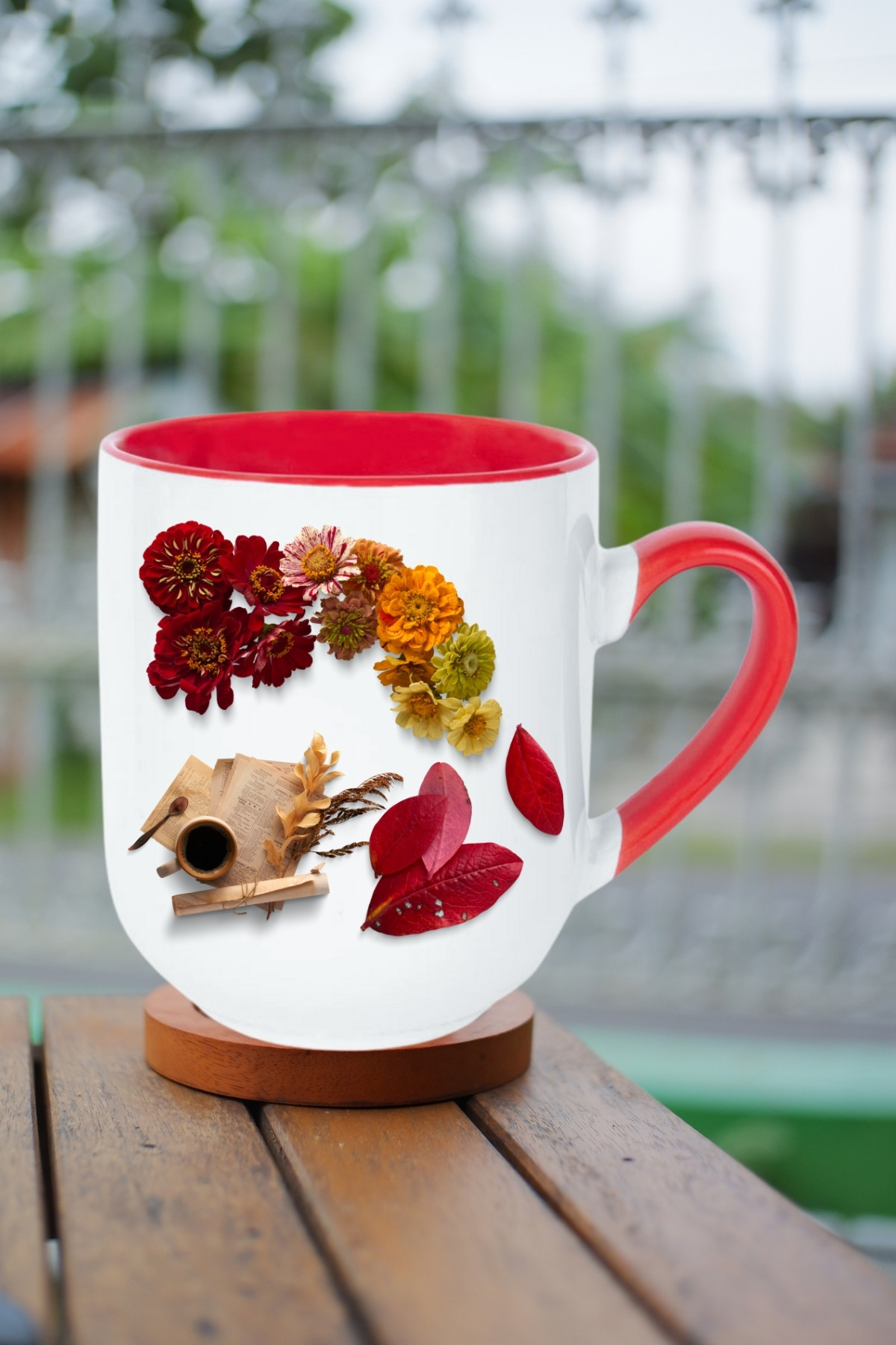Romantik Sonbahar Baskılı İçi Kırmızı Lüx Kupa Bardak Porselen Çay Kahve Fincanı