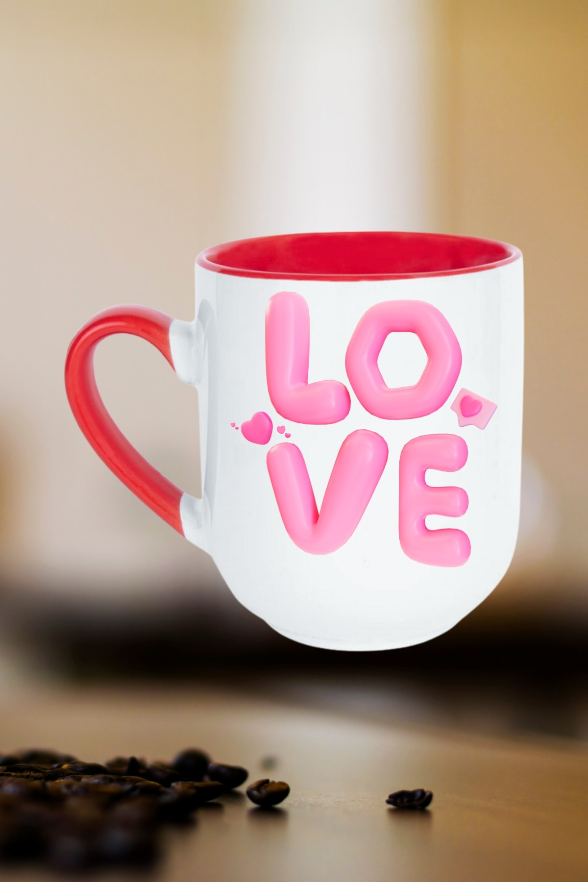 Love Baskılı Hediye İçi Kırmızı Lüx Kupa Bardak Porselen Çay Kahve Fincanı